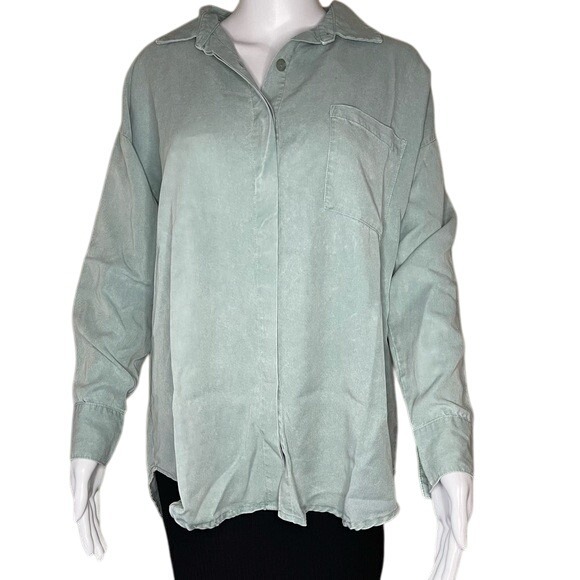 Young Fabulous & Broke Sage Long Sleeve Oversized Button Flowy Tencel Shirt S - Picture 1 of 9